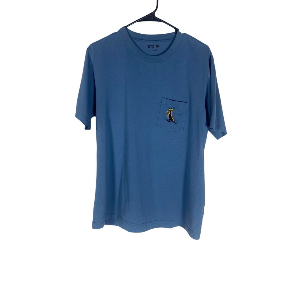 Men's Uniqlo NYC Pop Icon Blue T-shirt Basquiat Dinosaur art  Medium 100% Cotton